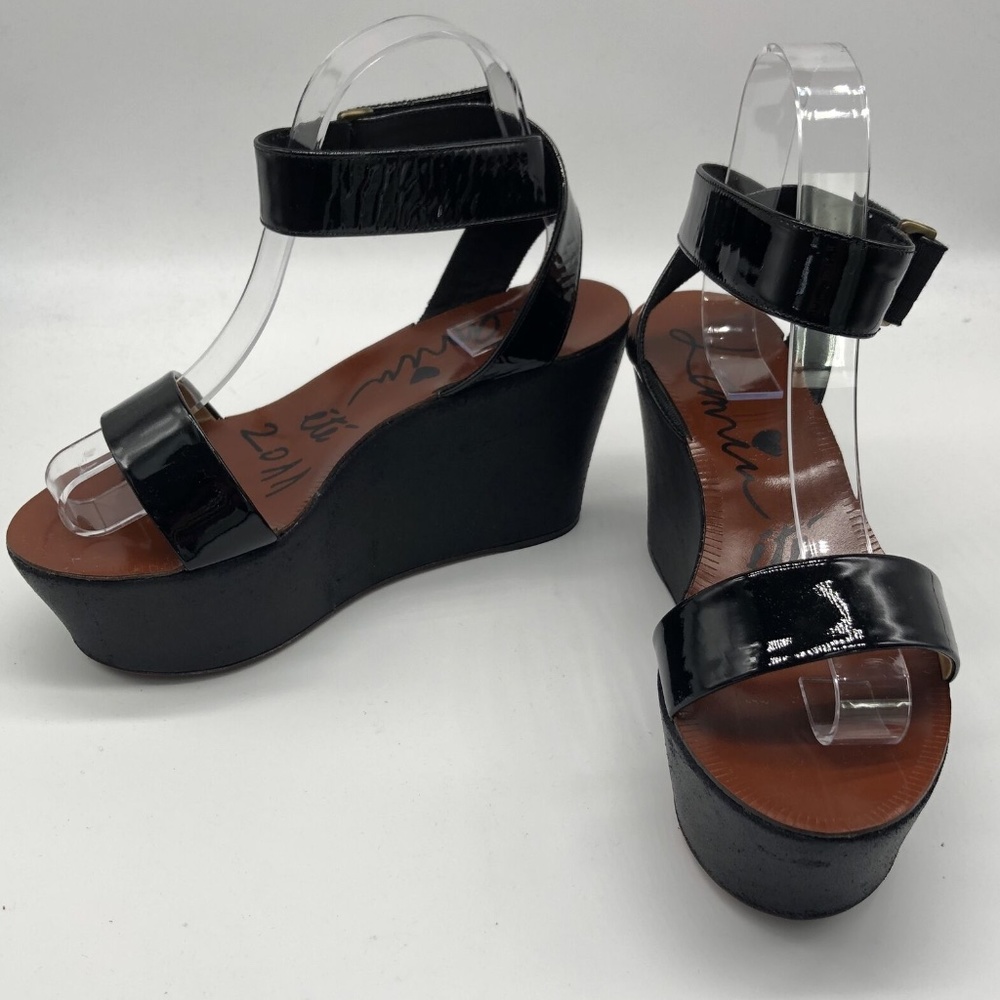 Lanvin Black Patent Leather Ankle Strap Open Toe Wedge Sandal sz 39